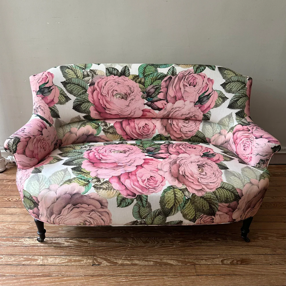 19th Century French Loveseat in John Derian for Designers Guild "The Rose Tuberose" Fabric - Image 9
