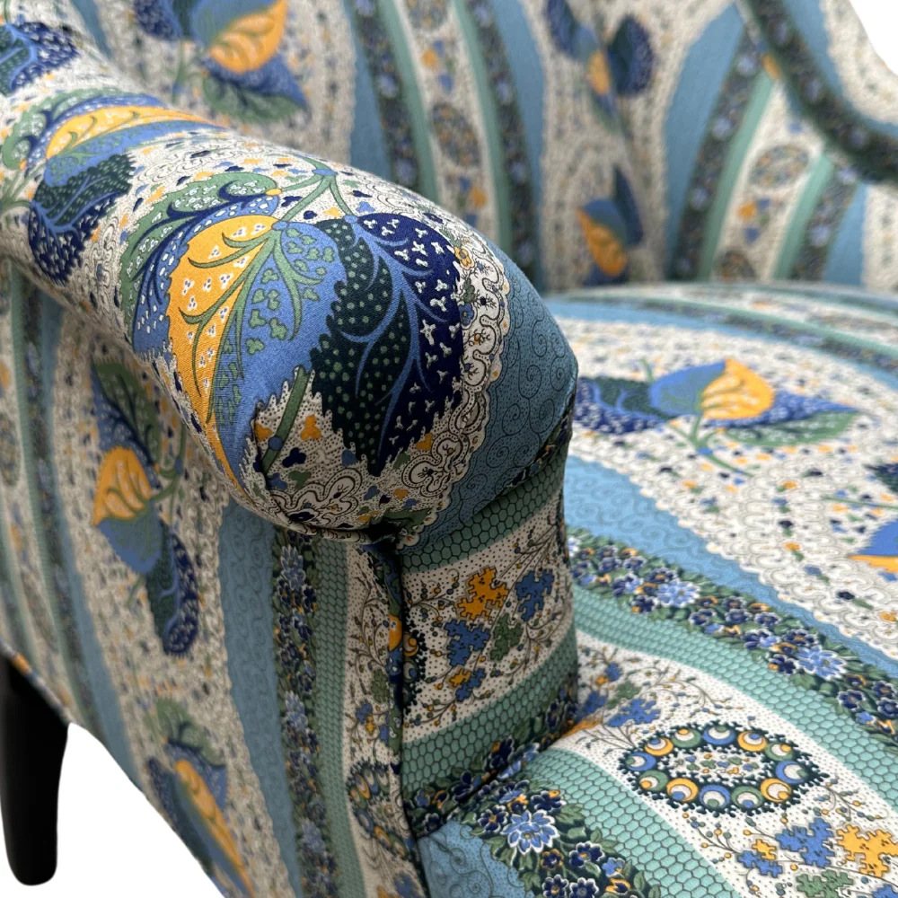 Custom Bog Chair in Décors Barbares Casse-noisette Blue Fabric - Image 5