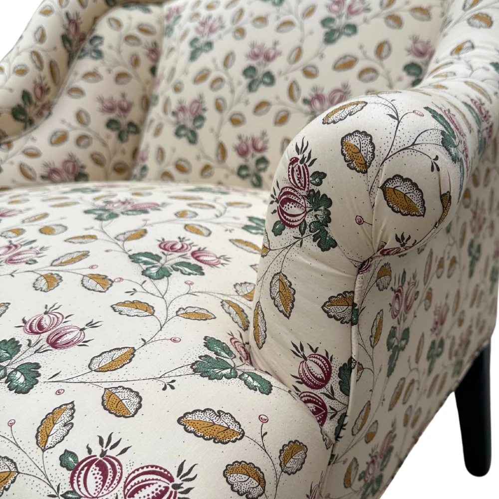 Custom Bog Chair in Décors Barbares Le Groseilles Purple & Green Fabric - Image 3